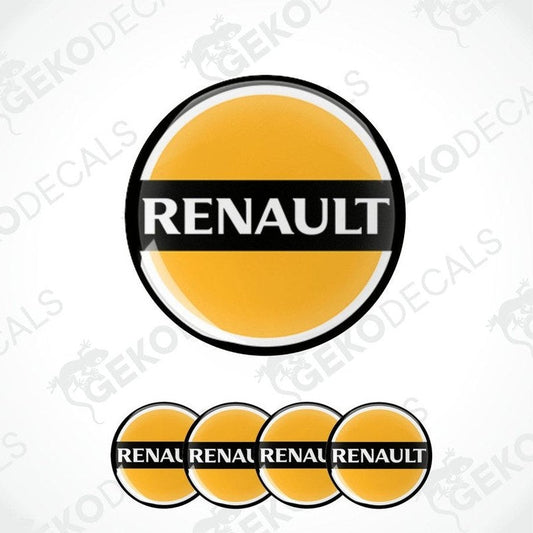 A set of four RENAULT branded vinyl stickers with a yellow and black color scheme.