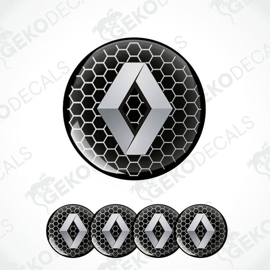 A set of vinyl decals with a geometric pattern and the RENAULT logo, intended for use as car wheel stickers.