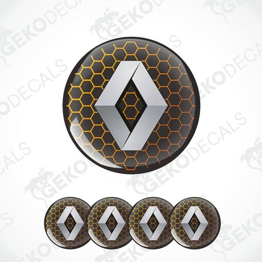 A set of four orange, silver, and black vinyl stickers with a geometric pattern, featuring the Renault logo.