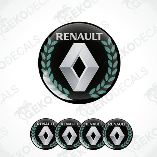 A set of four black vinyl stickers with the RENAULT brand logo and a laurel wreath design.
