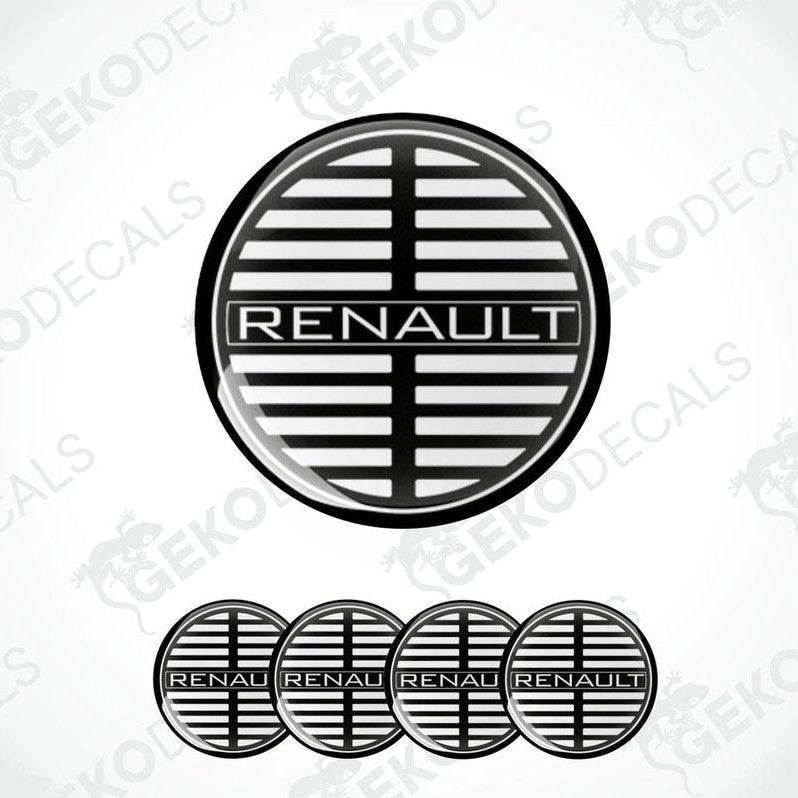 A set of four black and white vinyl stickers with the RENAULT brand logo.