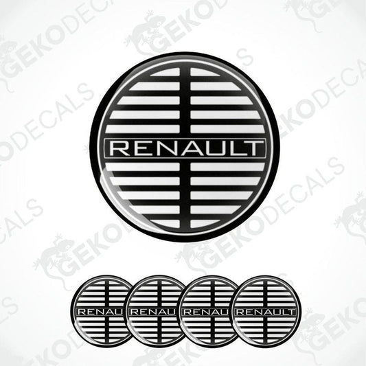 A set of four black and white vinyl stickers with the RENAULT brand logo.