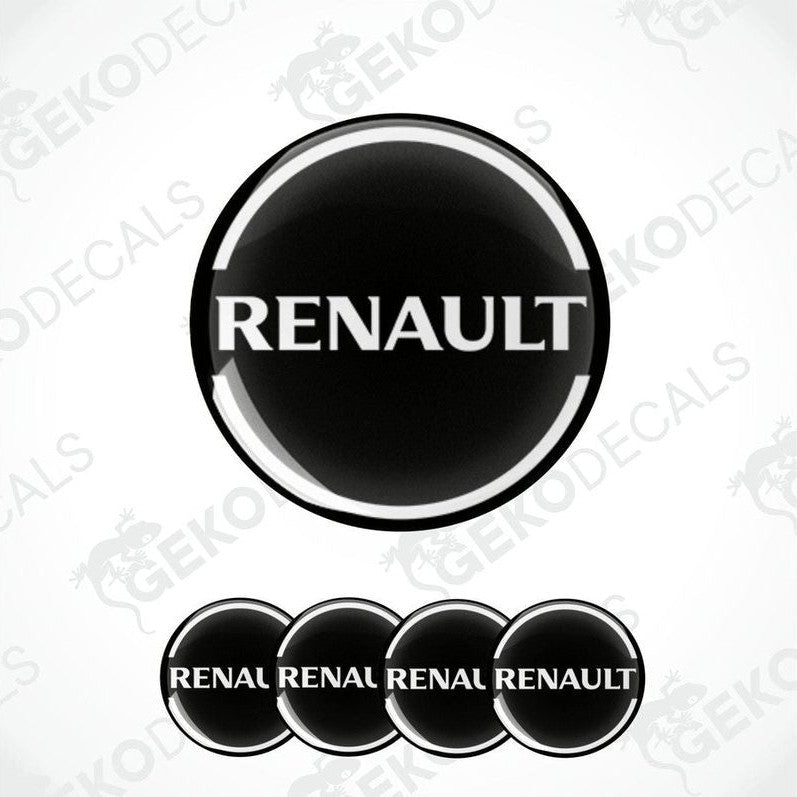 A set of four black, white, and gray Renault branded vinyl stickers with a dome shape and a polyurethane coating.