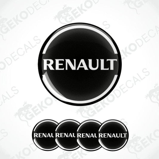 A set of four black, white, and gray Renault branded vinyl stickers with a dome shape and a polyurethane coating.