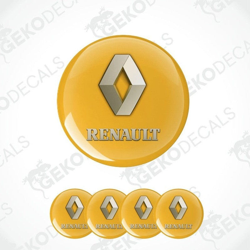A set of four yellow vinyl stickers with the RENAULT logo on them.