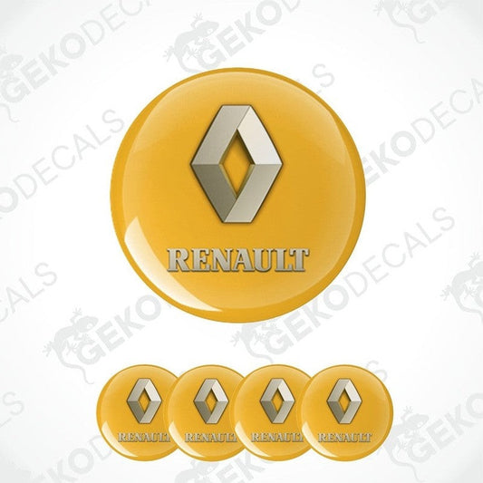 A set of four yellow vinyl stickers with the RENAULT logo on them.