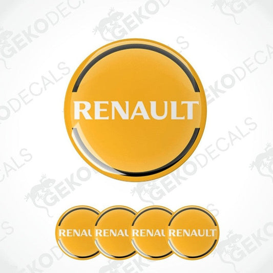A set of four yellow vinyl stickers with the RENAULT brand logo on them.