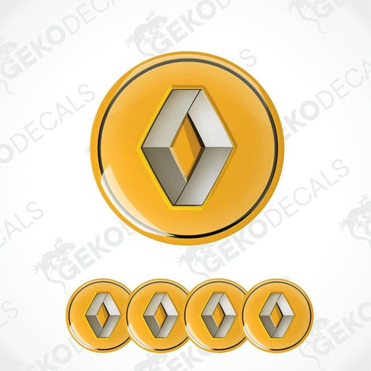 A set of four yellow vinyl stickers with a geometric pattern and the RENAULT brand logo on each.