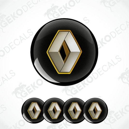 A set of four black and silver RENAULT branded vinyl stickers with a dome shape and a shiny finish.