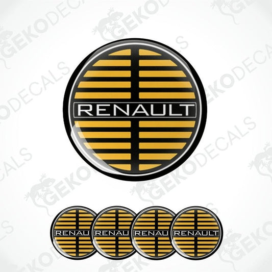 A set of four vinyl decals with a polyurethane coating, featuring the Renault brand logo in yellow and black colors.