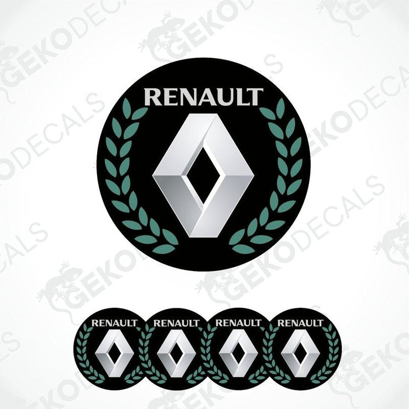 A set of four black vinyl stickers with the RENAULT brand logo and a laurel wreath design.