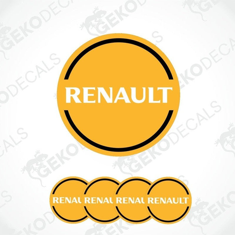 A set of four yellow vinyl stickers with the RENAULT brand logo on them.