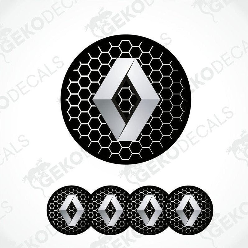A set of vinyl decals with a geometric pattern and the RENAULT logo, intended for use as car wheel stickers.