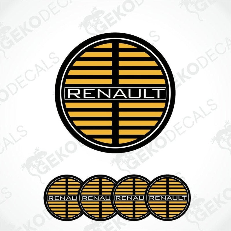 A set of four vinyl decals with a polyurethane coating, featuring the Renault brand logo in yellow and black colors.