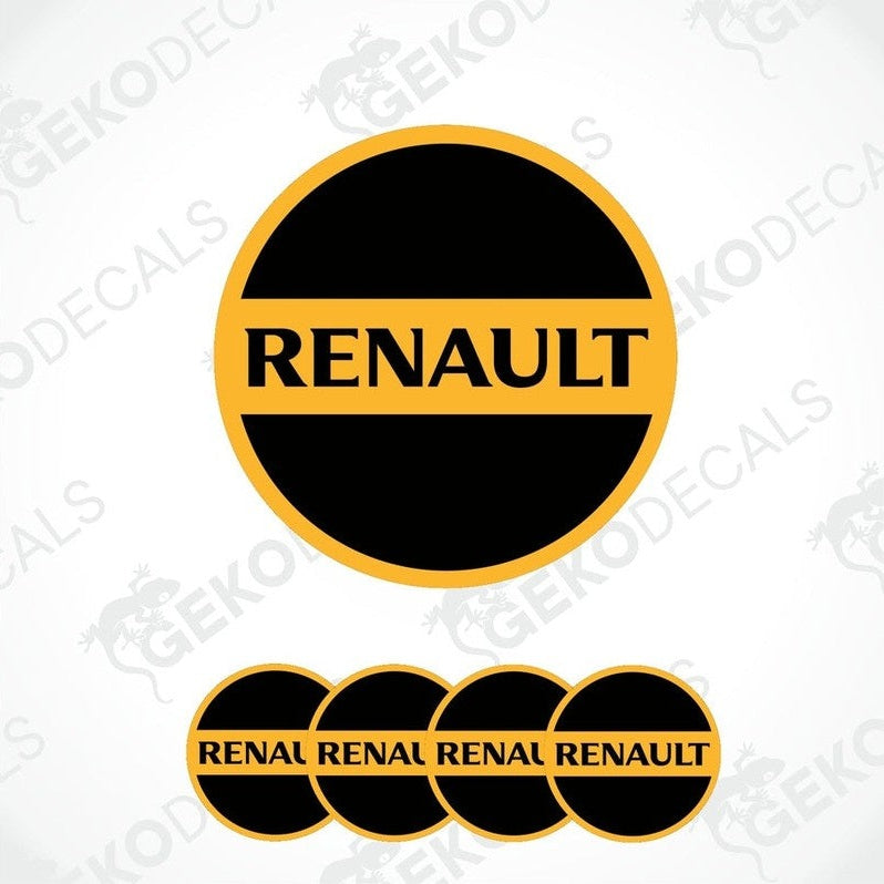 A set of four vinyl decals for RENAULT vehicles, featuring a black and yellow design with the text 'RENAULT' displayed prominently.