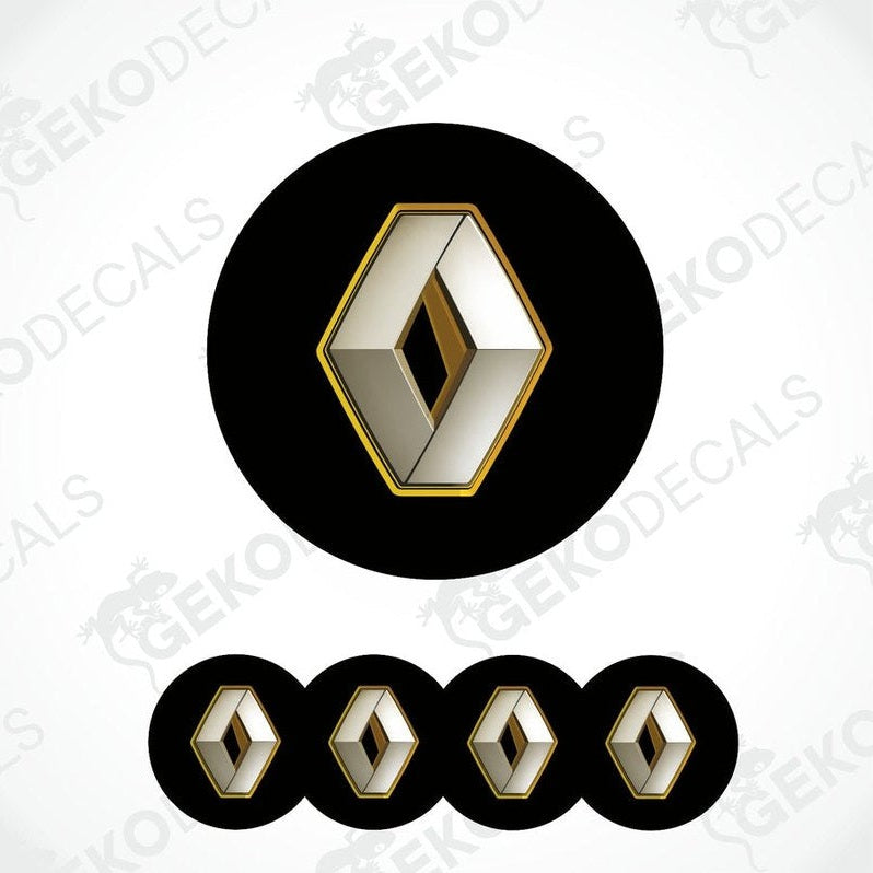 A set of four black and silver RENAULT branded vinyl stickers with a dome shape and a shiny finish.