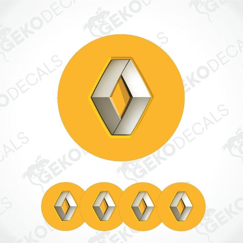 A set of four vinyl decals with a polyurethane coating featuring the RENAULT logo in yellow and black colors.
