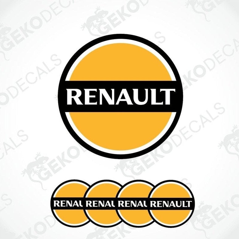 A set of four RENAULT branded vinyl stickers with a yellow and black color scheme.