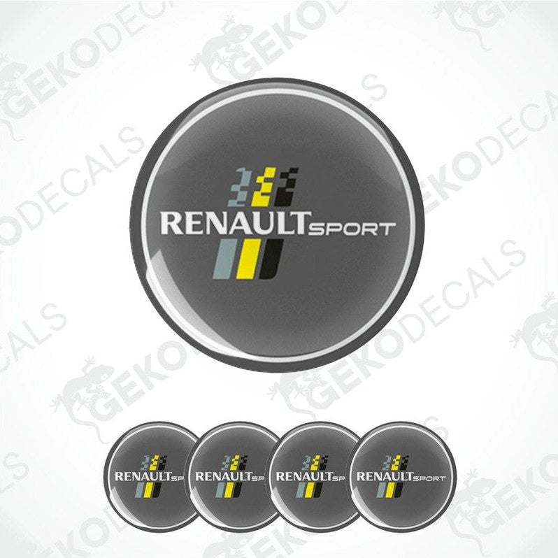 Set of four vinyl decals with polyurethane coating, featuring the RENAULT SPORT logo in silver, black, yellow, and white colors.