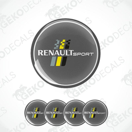 Set of four vinyl decals with polyurethane coating, featuring the RENAULT SPORT logo in silver, black, yellow, and white colors.