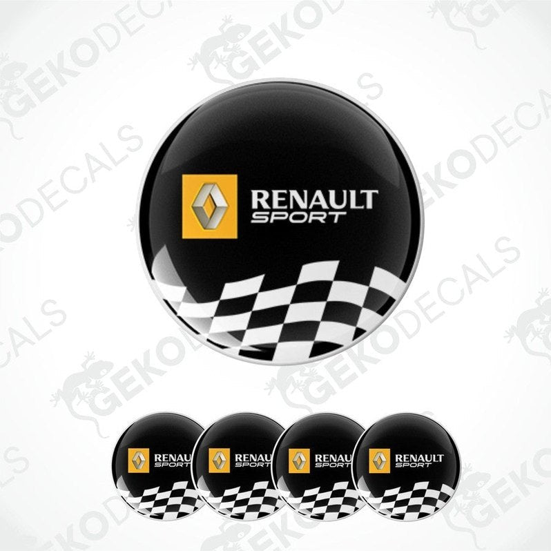 A set of four black vinyl stickers with the Renault Sport logo and a checkered pattern.