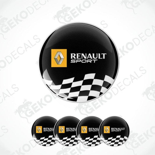 A set of four black vinyl stickers with the Renault Sport logo and a checkered pattern.