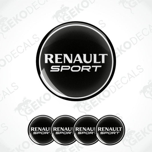 Set of four black round car decals with 'RENAULT SPORT' written in white letters.