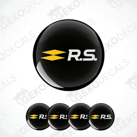Set of four vinyl decals with 'RENAULT RS' logo, predominantly black with yellow accents.
