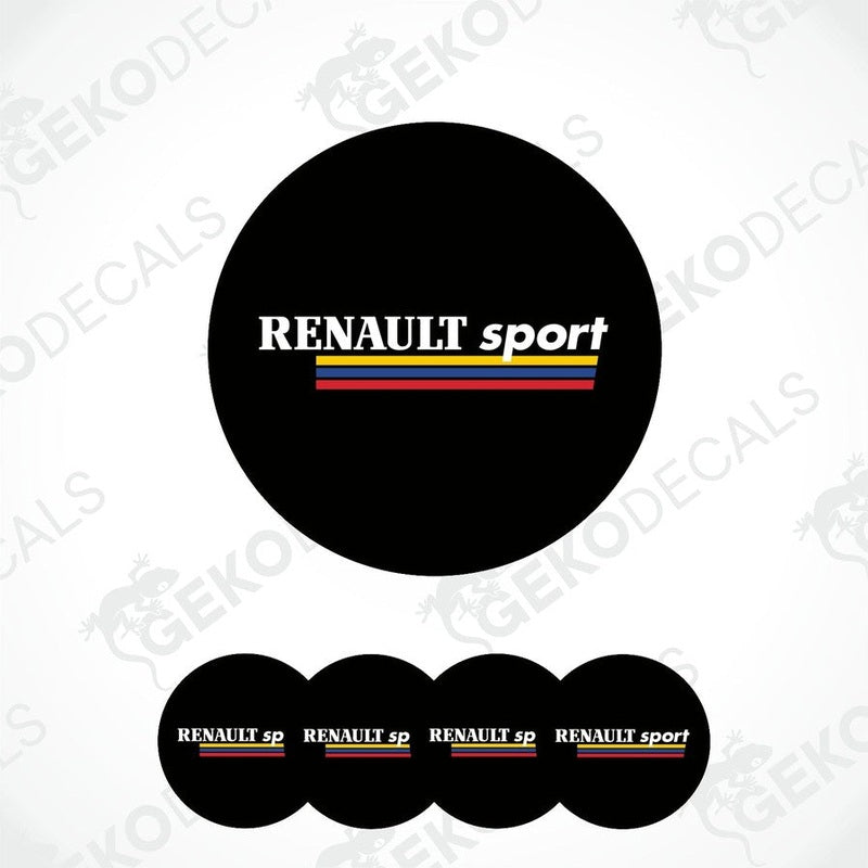 Set of four black round decals with the text 'RENAULT sport' in white, arranged in a row.