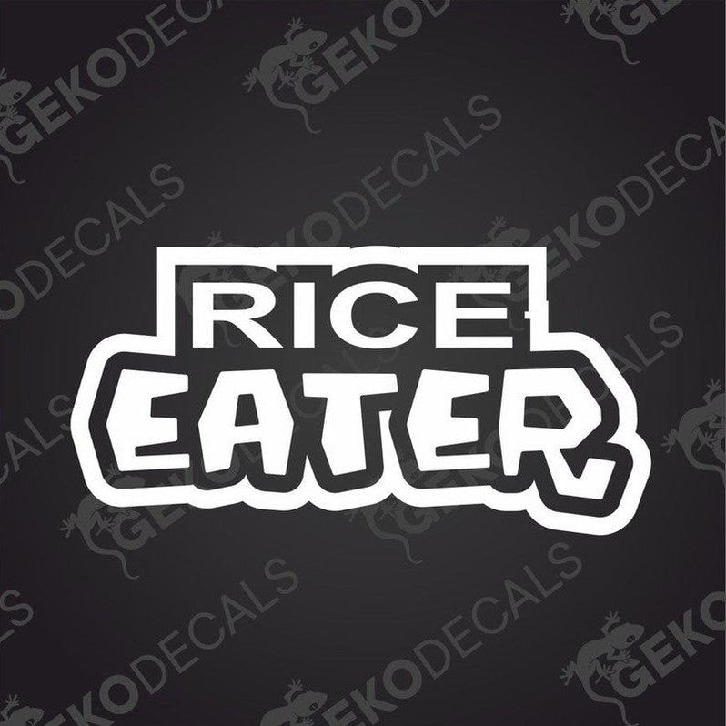 White RICE EATER die cut car decal sticker with bold stylized lettering on transfer paper