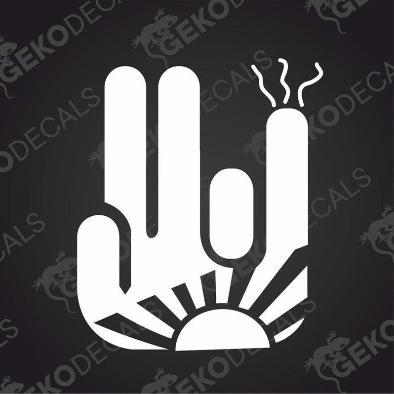 A design of a hand with an sun and rays design, on a black background.
