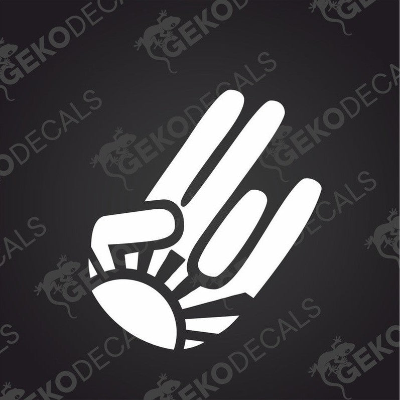 A white decal of a hand with a sun design, on a black background.