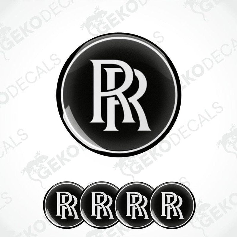 Set of four vinyl decals with the Rolls-Royce logo applied on a black background, designed for use as car wheel caps.