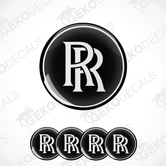 Set of four vinyl decals with the Rolls-Royce logo applied on a black background, designed for use as car wheel caps.