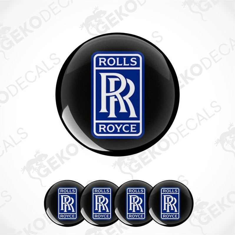 A set of four vinyl stickers with a Rolls Royce logo in blue, black, white, and red colors.