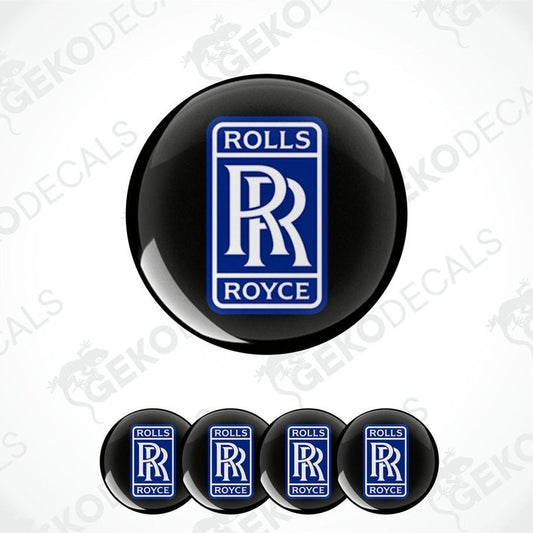 A set of four vinyl stickers with a Rolls Royce logo in blue, black, white, and red colors.