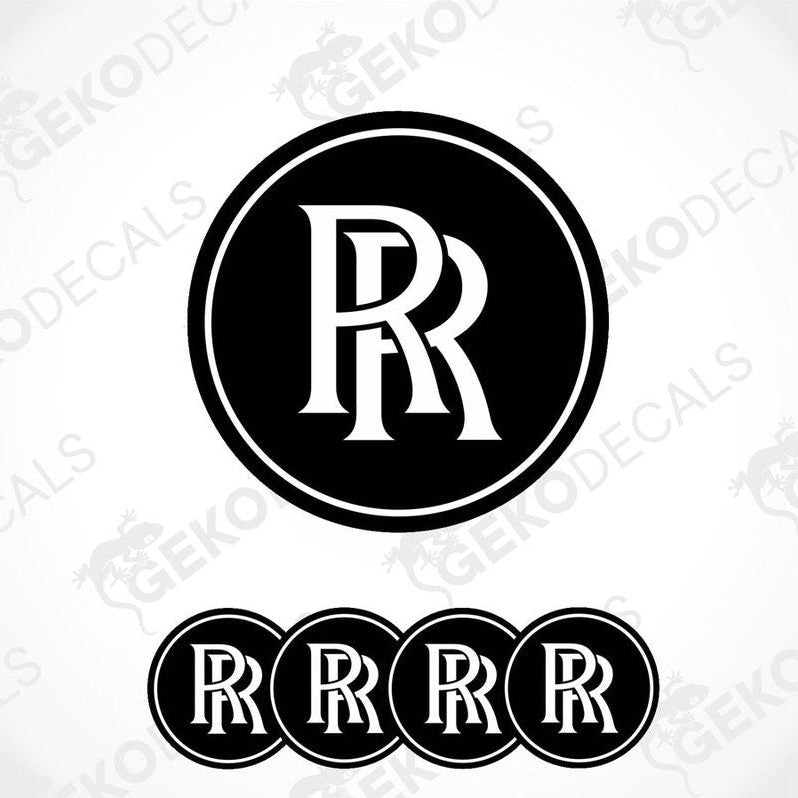 Set of four vinyl decals with the Rolls-Royce logo applied on a black background, designed for use as car wheel caps.