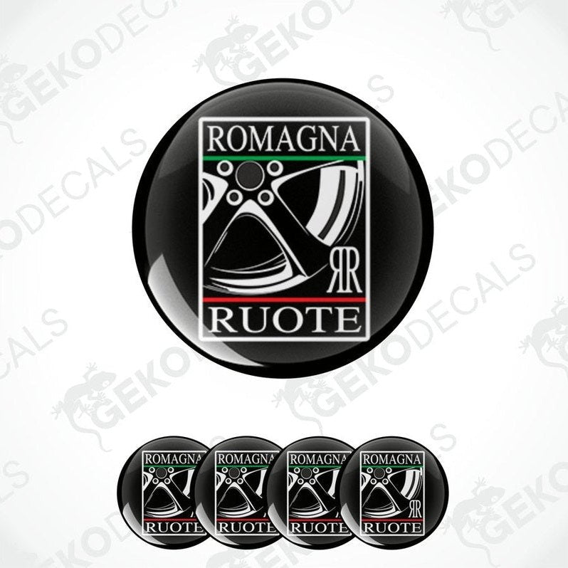 A set of four black vinyl stickers with the text 'ROMAGNA ROUTE' and a graphic of a camera lens and film.