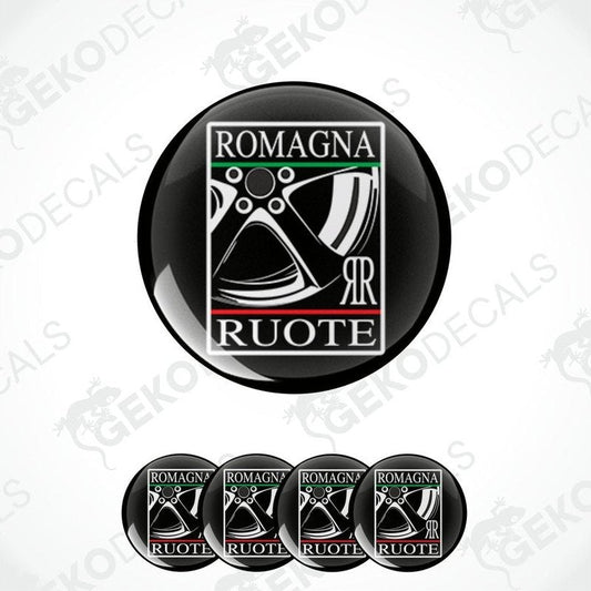A set of four black vinyl stickers with the text 'ROMAGNA ROUTE' and a graphic of a camera lens and film.
