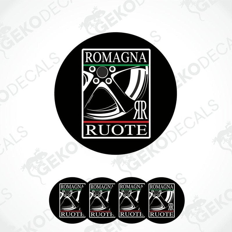 A set of four black vinyl stickers with the text 'ROMAGNA ROUTE' and a graphic of a camera lens and film.