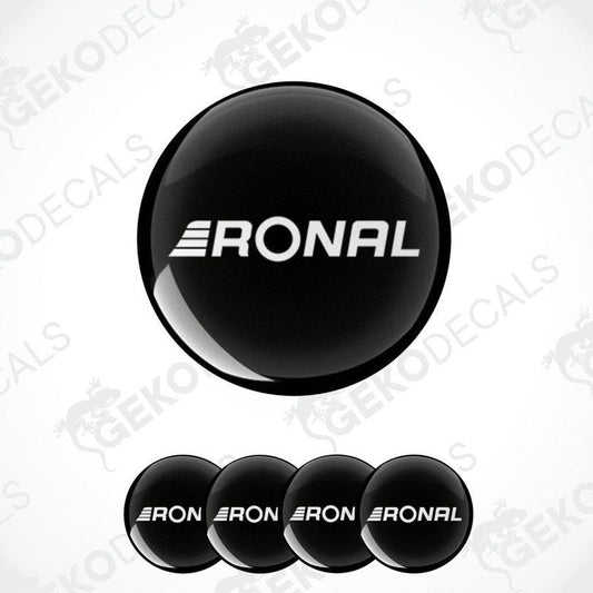 A set of four black vinyl decals with the RONAL logo, designed for use as car wheel caps.
