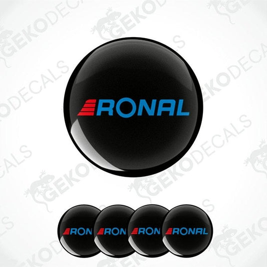 A set of four black vinyl stickers with the brand name RONAL printed in blue and red.