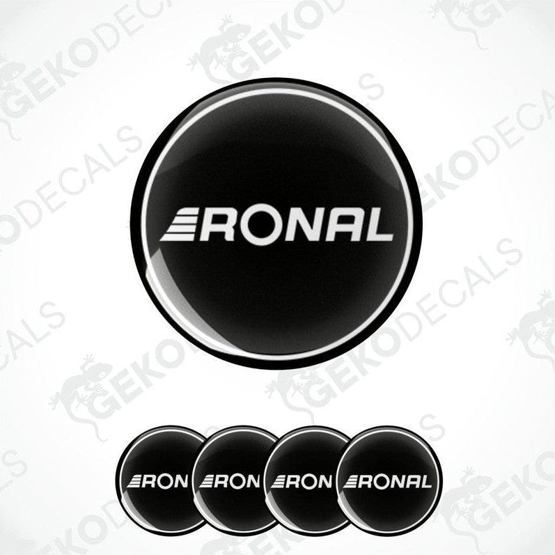 A set of four black vinyl stickers with the RONAL brand logo on them.