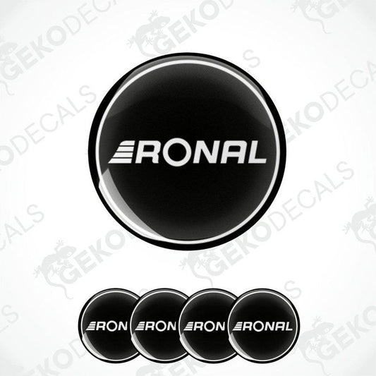 A set of four black vinyl stickers with the RONAL brand logo on them.