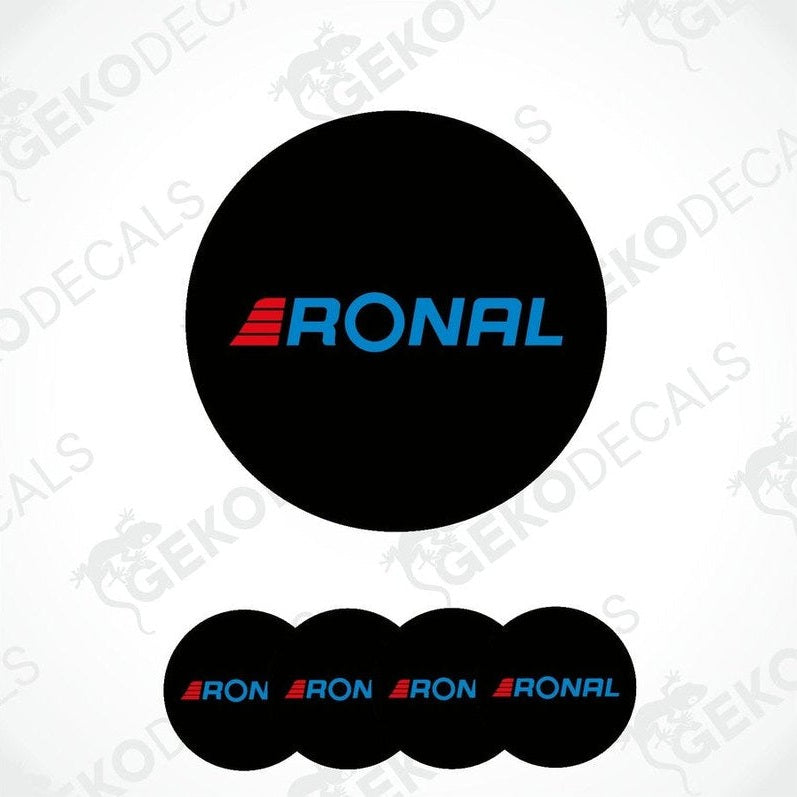 A set of four black vinyl stickers with the brand name RONAL printed in blue and red.
