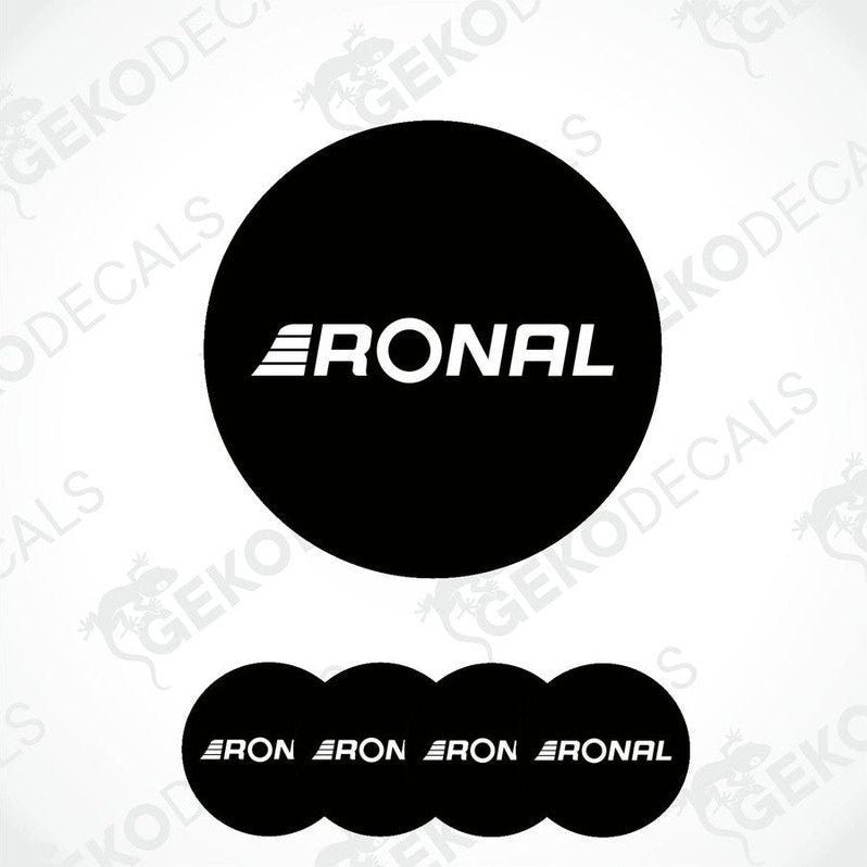 A set of four black vinyl decals with the RONAL logo, designed for use as car wheel caps.