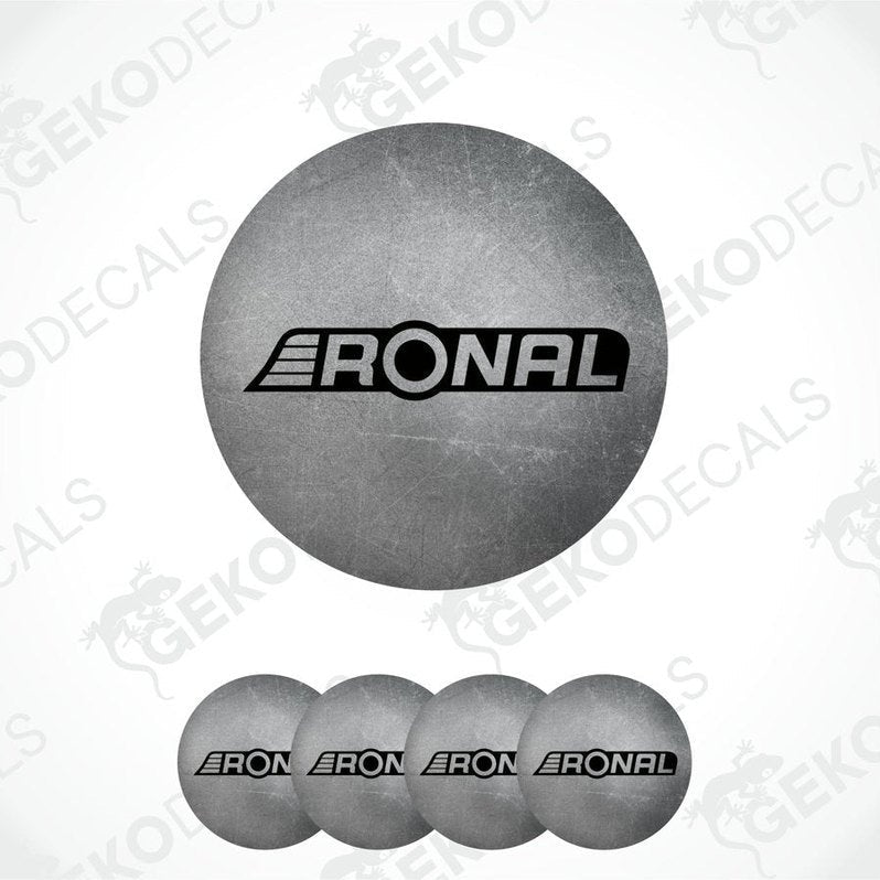 A set of four gray vinyl decals with the RONAL logo, designed for use as car wheel caps.