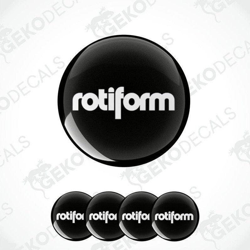 A set of four black vinyl stickers with the word 'ROTIFORM' printed on them, displayed against a white background.