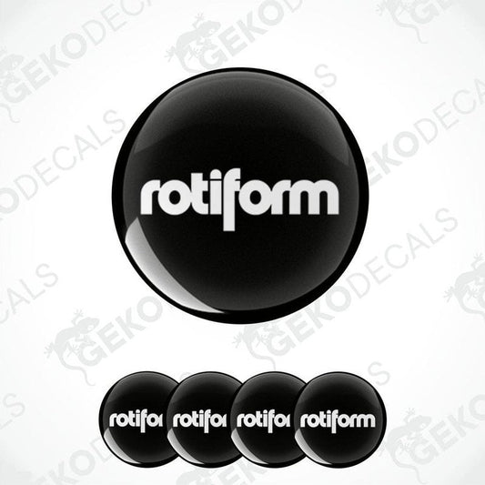 A set of four black vinyl stickers with the word 'ROTIFORM' printed on them, displayed against a white background.