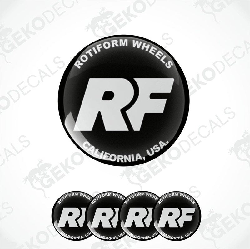 A set of four black vinyl stickers with the ROTIFORM Wheels logo in white. The stickers have a polyurethane coating and are designed in California, USA.